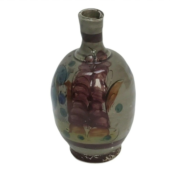 VTG Mexican Pottery Vase 6" Handmade Small Gray Bird Flowers Mexico Mid Century - Picture 2 of 7